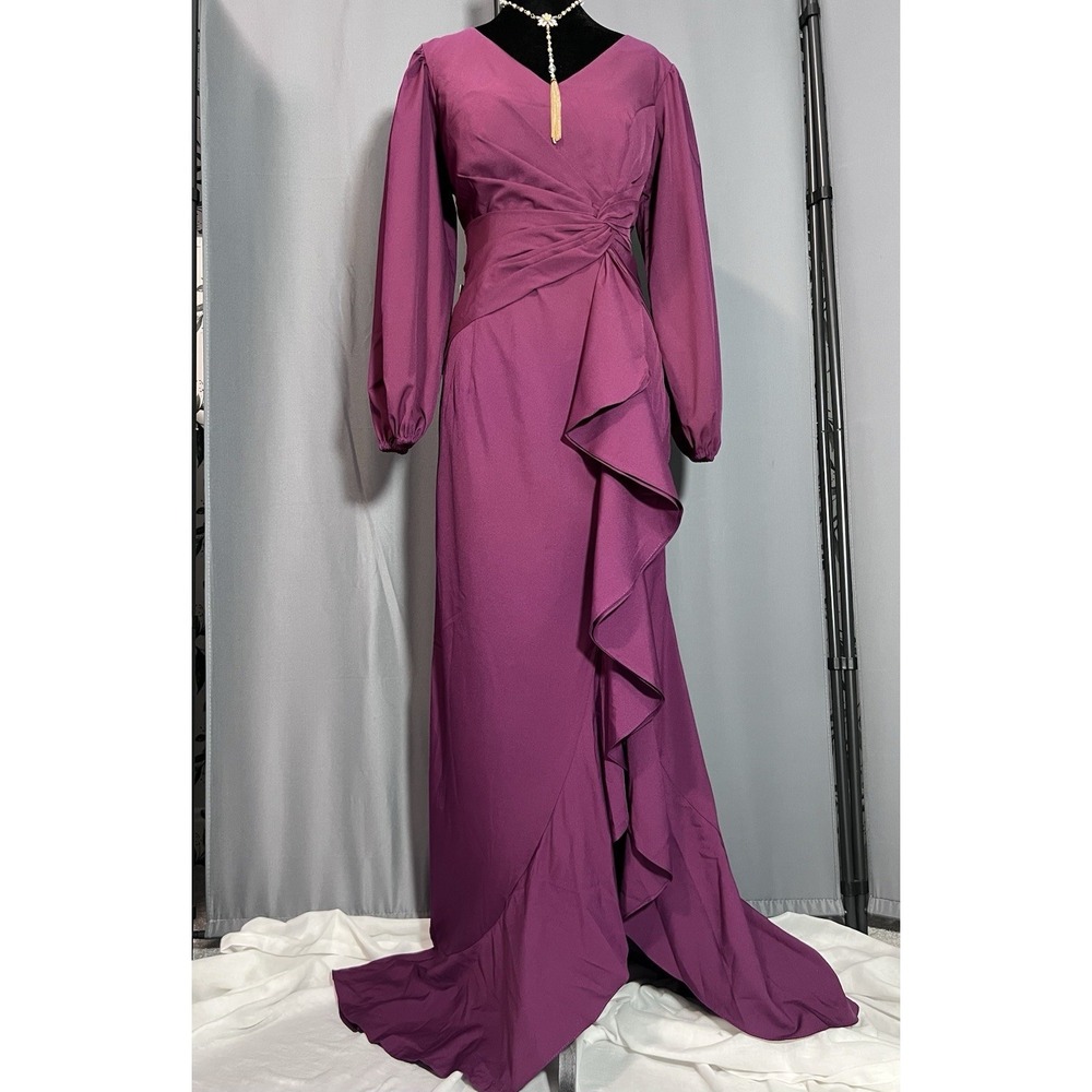 Elegant Plum Long-Sleeve Prom Dress with Ruffle Detail